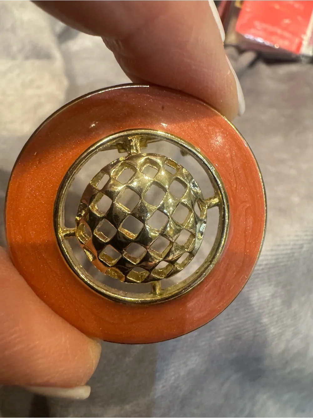 Ernst Bek vintage Lattice Dome Button Accent Burnt Orange Enamel brooch pendant